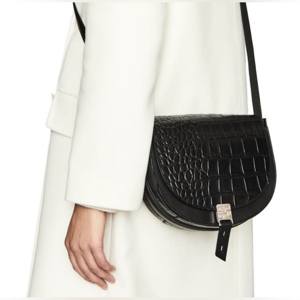Reiss Hurlingham Croc Embossed Black Leather Crossbody Bag